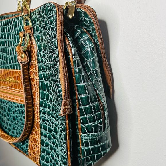 SAMANTHA Emerald Green Brown Croc Embossed Leather Three Compartment Travel Tote - Picture 10 of 13